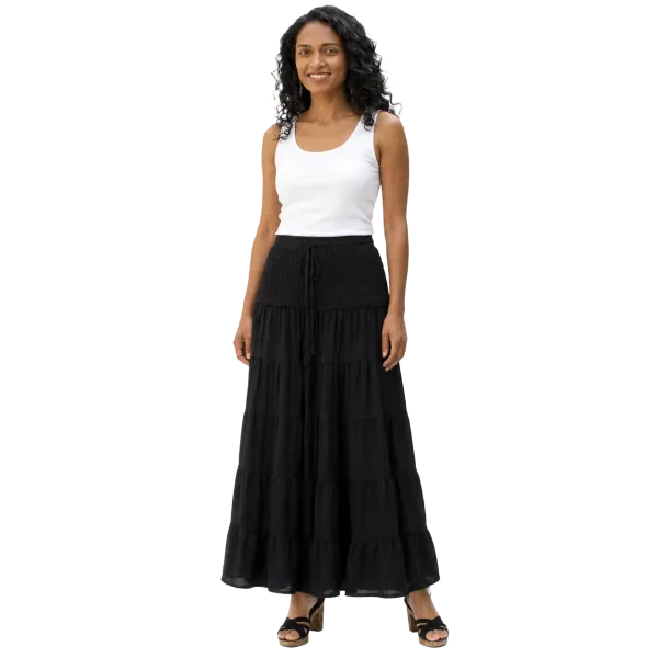 Jupe Longue Bohème en Coton Délavé - Noir - Taille Unique