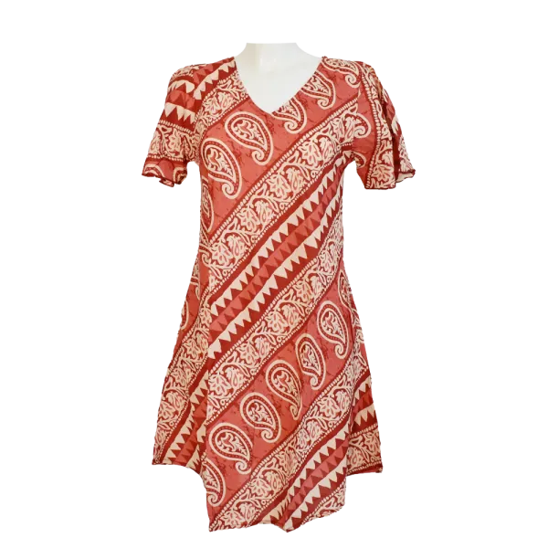 Robe Midi Évasée en Coton "Rythme Graphique" - Rouge et Vert -