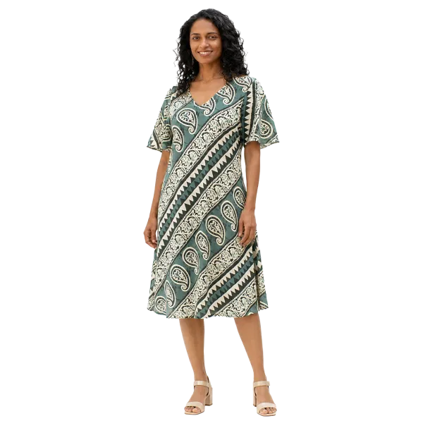 Robe Midi Évasée en Coton "Rythme Graphique" - Rouge et Vert -