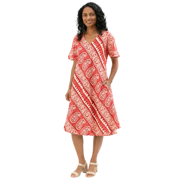 Robe Midi Évasée en Coton "Rythme Graphique" - Rouge et Vert -