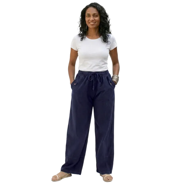Pantalon en Coton Artisanal du Népal "L'Évasion" - Écru & Bleu Marine-