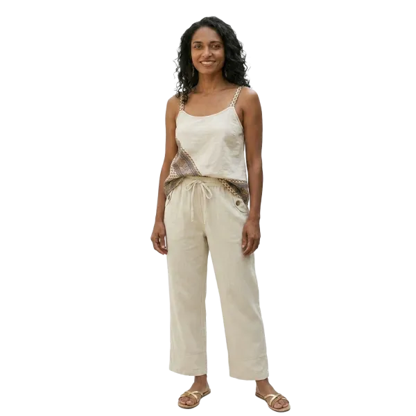 Pantalon en Coton Artisanal du Népal "L'Évasion" - Écru & Bleu Marine-