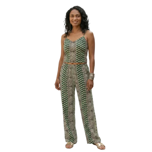 Pantalon en Coton Imprimé Graphique "Mosaïque Urbaine" - Vert et Bleu -