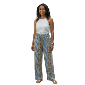 Pantalon en Coton Imprimé Graphique "Mosaïque Urbaine" - Vert et Bleu -