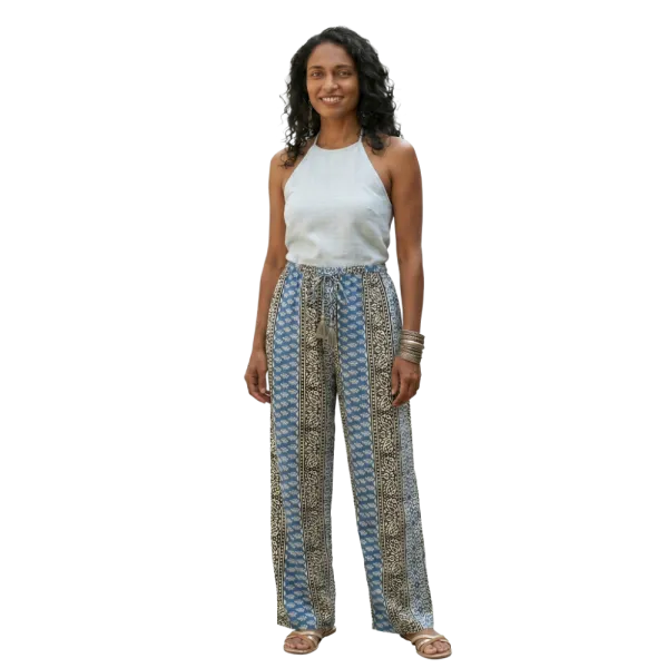 Pantalon en Coton Imprimé Graphique "Mosaïque Urbaine" - Vert et Bleu -