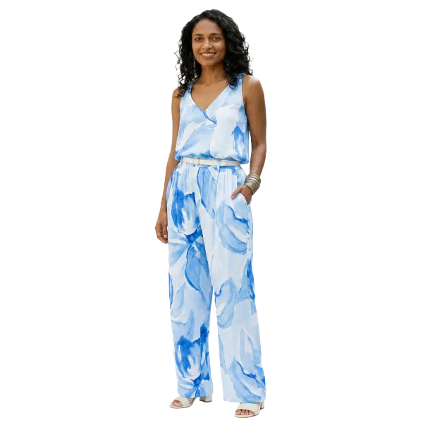 Pantalon Large en Viscose "Aquarelle Bleue" - Imprimé Floral