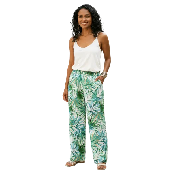 Pantalon Large en Viscose "Oasis Émeraude" - Imprimé Floral -