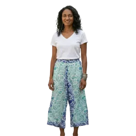 Pantalon Court Large en Soie Synthétique "Palais d'Azur" - Imprimé Graphique et Doré