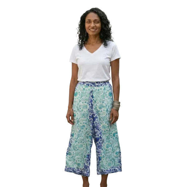 Pantalon Court Large en Soie Synthétique "Palais d'Azur" - Imprimé Graphique et Doré