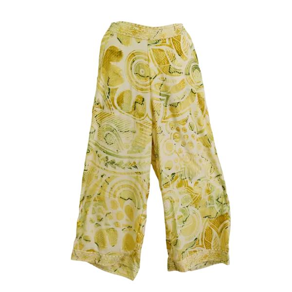 Pantalon Court Large en Soie Synthétique "Soleil d'Orient" - Imprimé Graphique Jaune