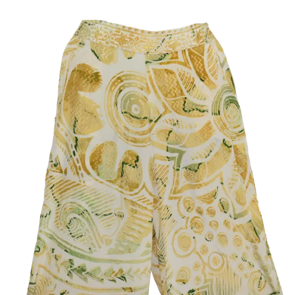 Pantalon Court Large en Soie Synthétique "Soleil d'Orient" - Imprimé Graphique Jaune