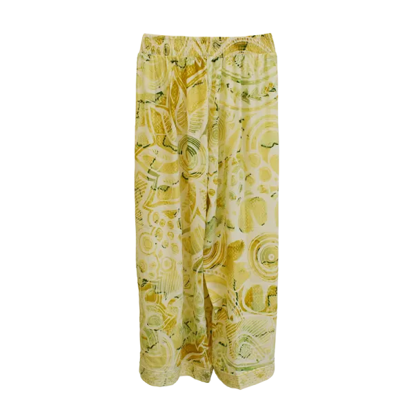 Pantalon Court Large en Soie Synthétique "Soleil d'Orient" - Imprimé Graphique Jaune