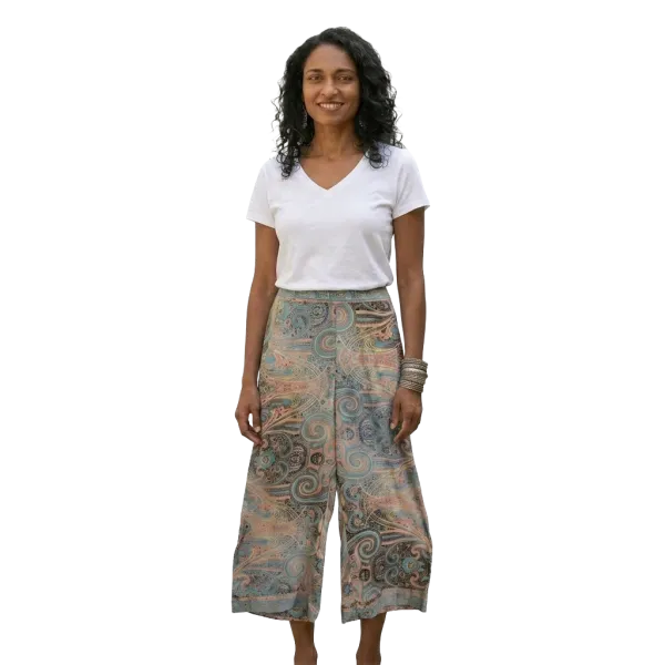 Pantalon Court Large en Soie Synthétique "Palais de Nacre" - Imprimé Cachemire -