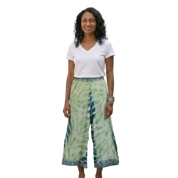 Pantalon Court Large en Soie Synthétique "Palais d'Émeraude" - Vert et Or