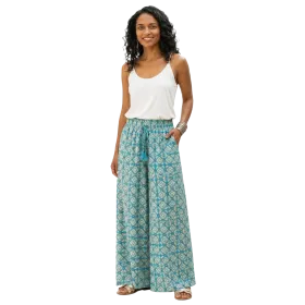 Pantalon Large en Coton "Odyssée Turquoise" - Imprimé Graphique & Ethnique -