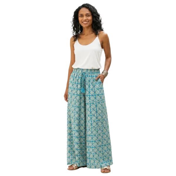 Pantalon Large en Coton "Odyssée Turquoise" - Imprimé Graphique & Ethnique -