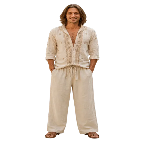Pantalon Coupe Mixte Coton & Viscose "Brise d'Écru" - Effet Tramé Deux Fils -