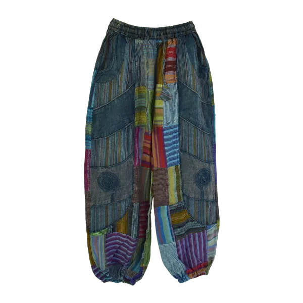 Pantalon Bouffant Coton Léger « Surya Patch » Bleu Pétrole -