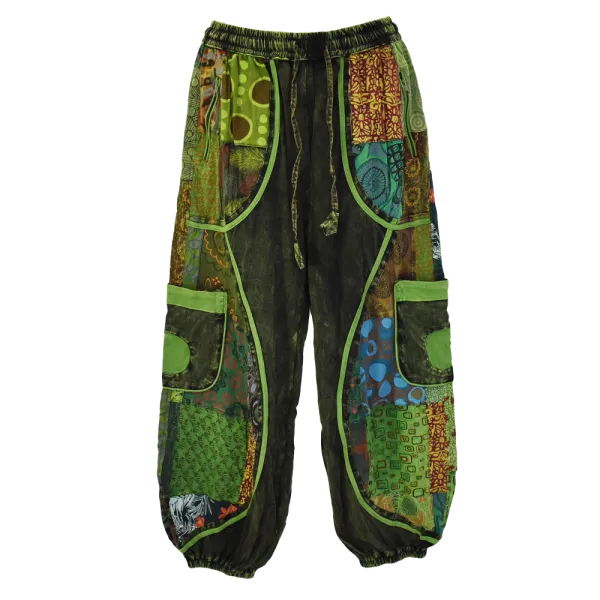 Pantalon Bouffant Femme Coton Jersey Délavé « Mosaïque Verte »