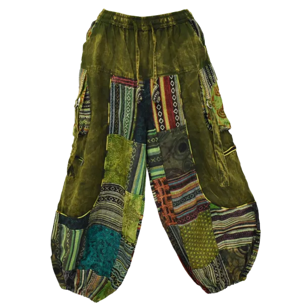 Pantalon Bouffant Unisexe Coton Épais Délavé « Himalaya Cargo » Vert Olive